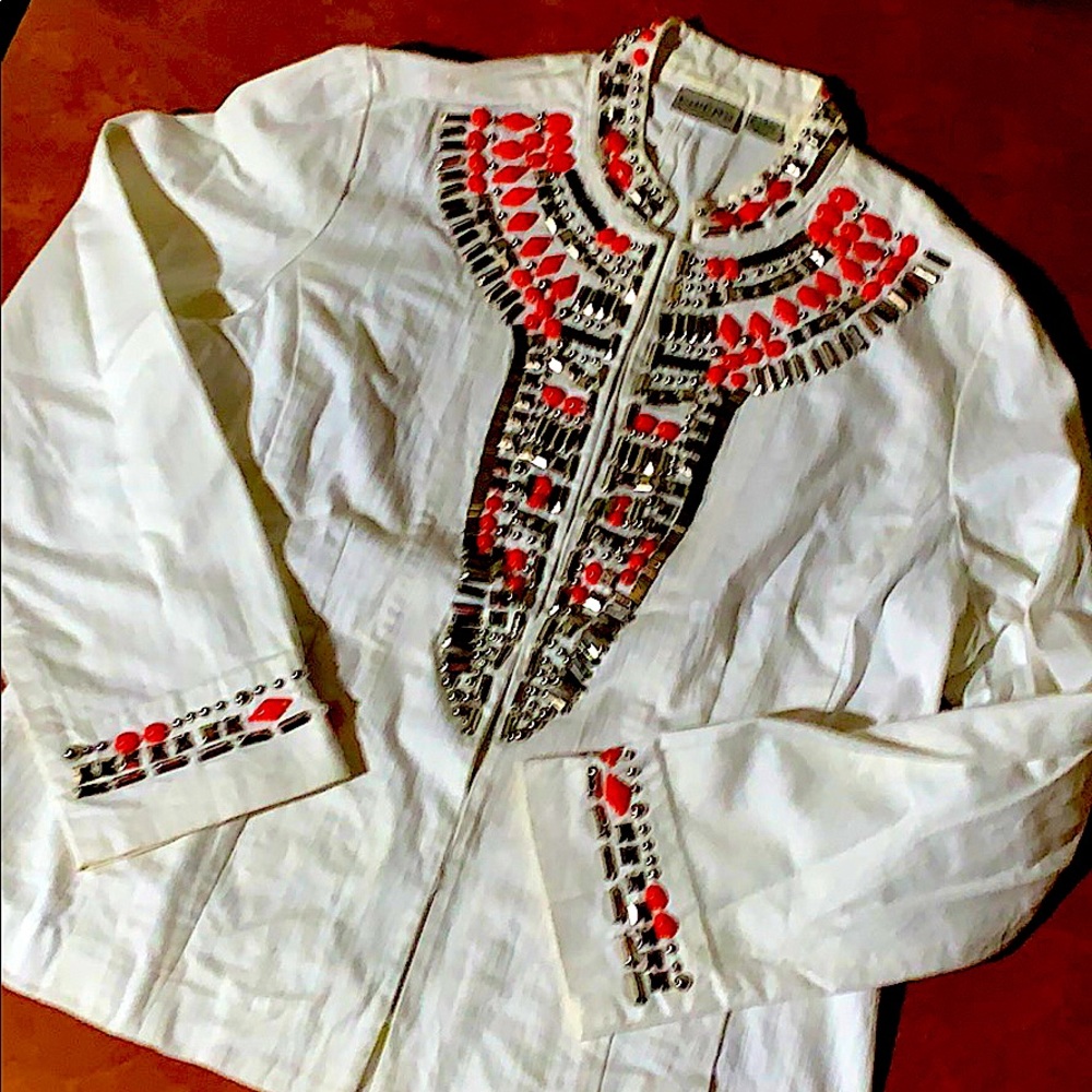 Chico’s Red And Silver Beaded Statement Jacket 2 - image 1